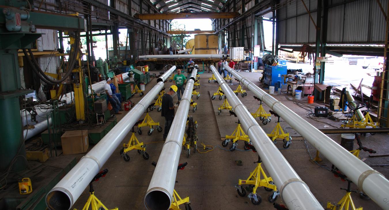 Industrial piping laid out in a warehouse